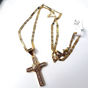 Cross Pendant with CZ Stones 20" Jesus Chain Gold Plated Steel New